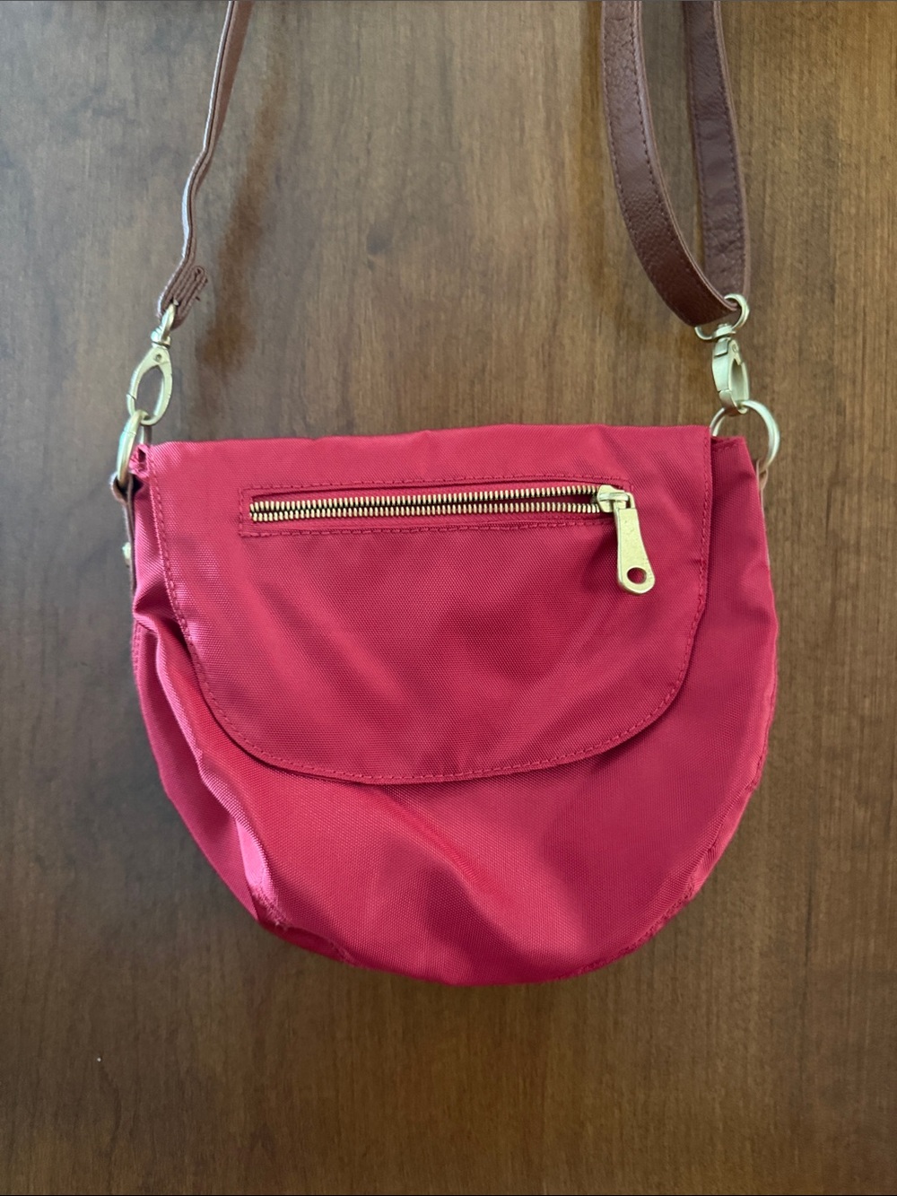 Old Navy Red Crossbody Bag with Brown Strap and Gold Hardware